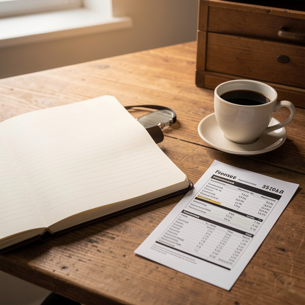 Editorial workspace with an open research notebook, printed food labelling data sheets, and a cup of black coffee on a wooden desk under controlled warm lighting