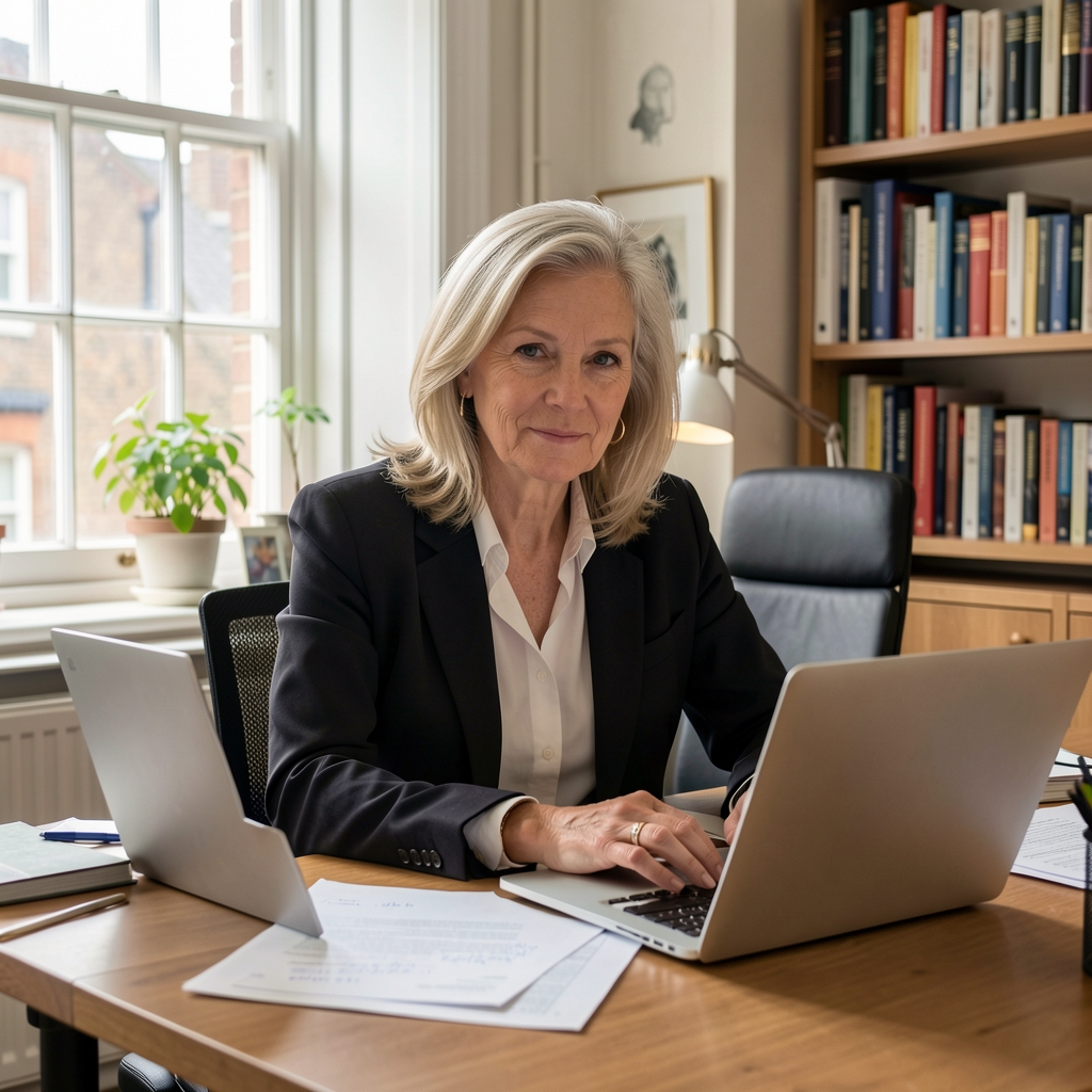Eleanor Whitfield, senior editor, photographed at her desk with editorial notes and a laptop in a naturally lit London office workspace