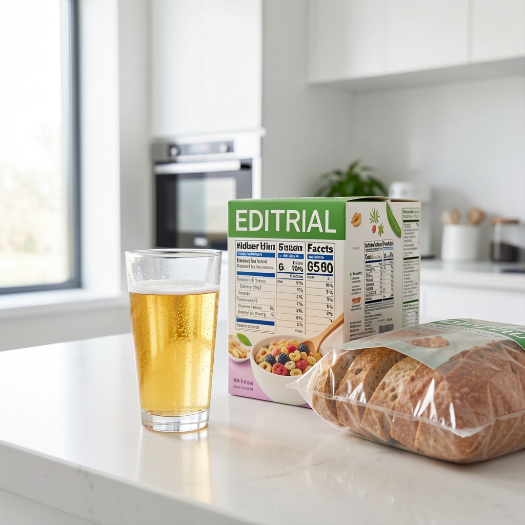 A glass of sweetened carbonated drink beside a cereal box and packaged bread on a kitchen counter, with visible nutritional labels highlighting hidden sugar content in everyday household foods