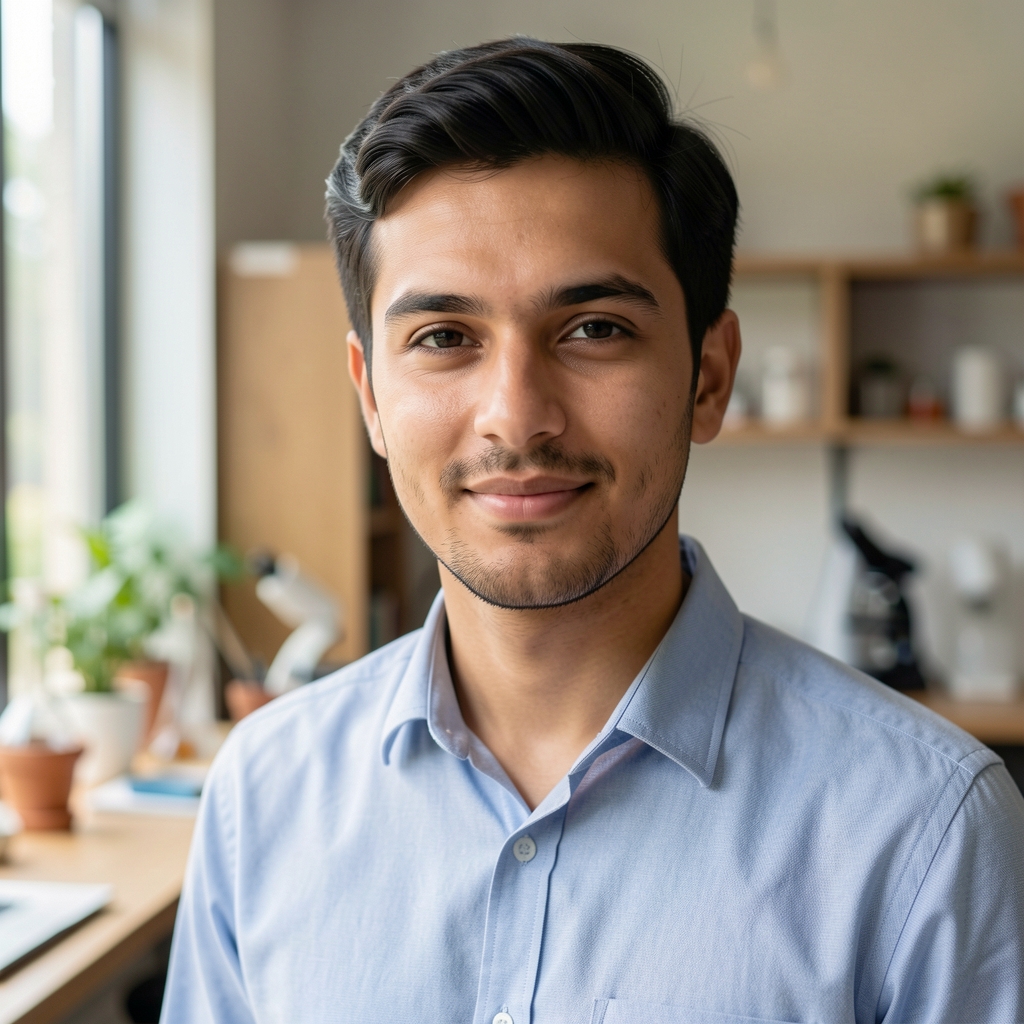 Editorial portrait of Tobias Ashcroft, food behaviour researcher, under natural window light in a study environment